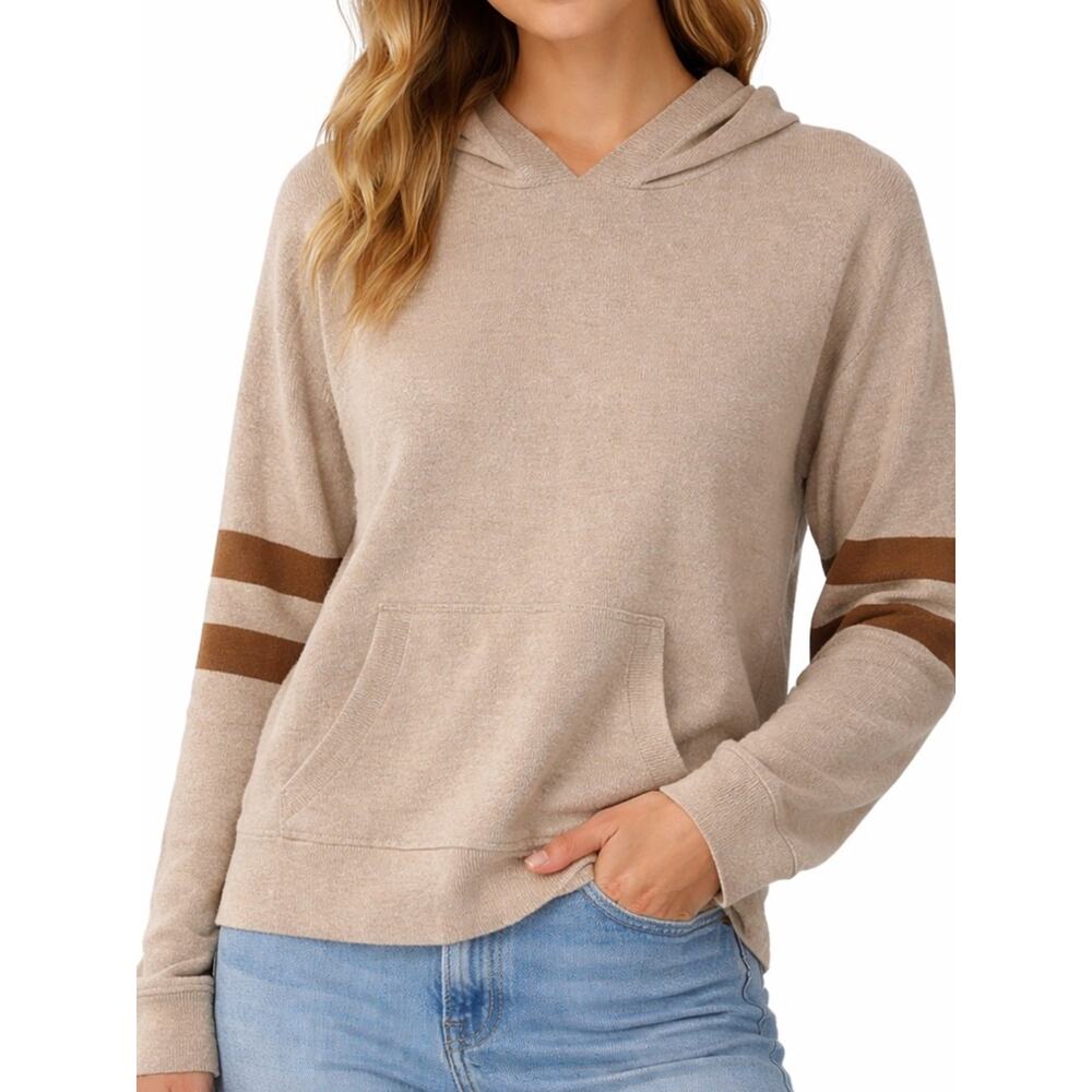 Crosby & Howard Merino Wool Blend Hoodie L Beige Stripe Sleeve Soft